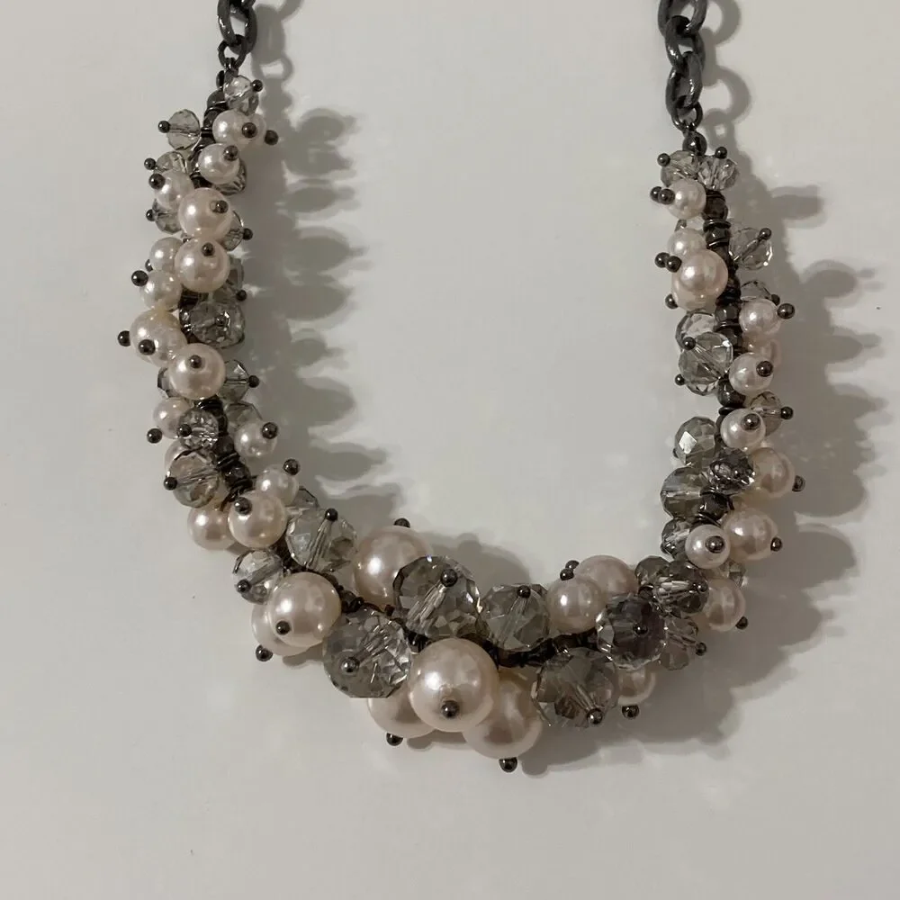 Bubble Bauble Pearl Beaded Silver Tone Gun Metal Chain Statement Necklace